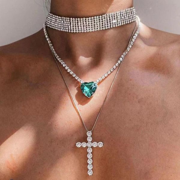 

chains gsold clear rhinestone chain heart-shape glass drill charm necklace cross multilayer 3 pieces set fashion alloy jewelry, Silver