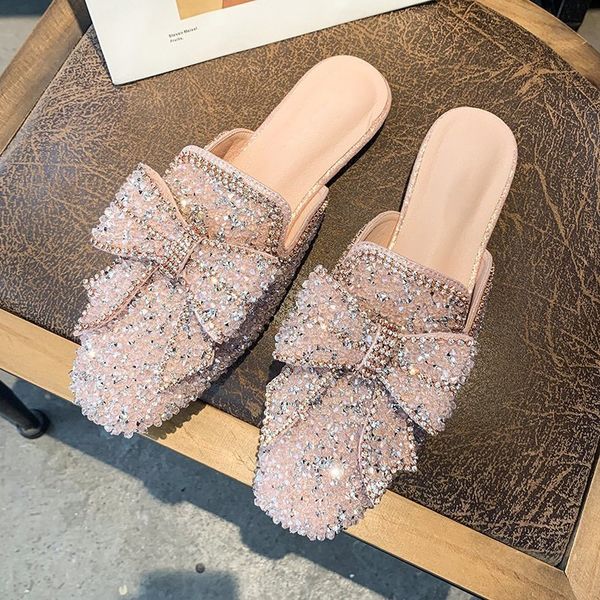 

slippers lucyever fashion rhinestone bowtie women slides summer flat comfortable mules shoes woman square toe crystal luxury sanda, Black