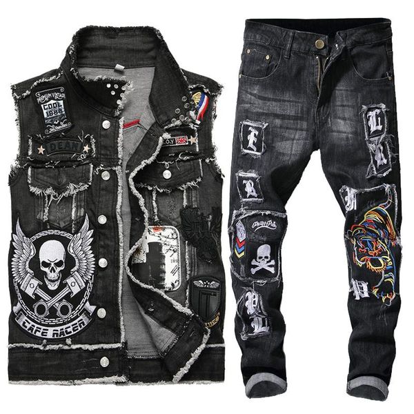 

women's tracksuits 2021 men's motorcycle sets washed black embroidered skull two piece set cowboy vest + frayed tiger badge stretc, Gray
