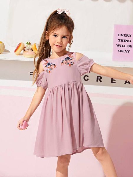 

toddler girls floral embroidered cold shoulder dress she, Red;yellow