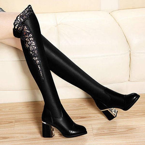

boots women embroidered lace knee bare square high heel casual long tube booties lady over thigh shoes lady896, Black