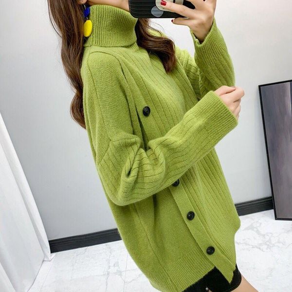 

women's sweaters 2021 autumn winter women knitted turtleneck sweater casual buttons pullover jumper long sleeve loose, White;black