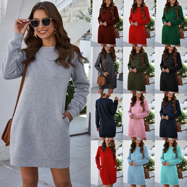 

autumn winter long sleeve womens dresses plue size o neck warm loose solid color pocket fashion, Black;gray