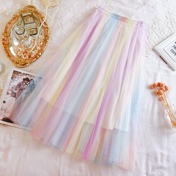 

skirts korean gentle sense fairy elastic net gauze skirt big rainbow color long half-length women's clothing, Black
