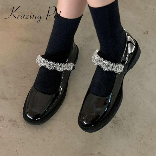 

dress shoes krazing pot 2021 spring arrival patent leather bright round toe med heel bead decoration beauty lady dating women pumps l08, Black