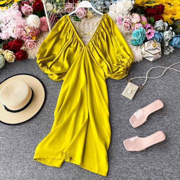 

solid yellow lace runway women dress long sleeve high waist party elegant boho spring vintage autumn a line, Black;gray