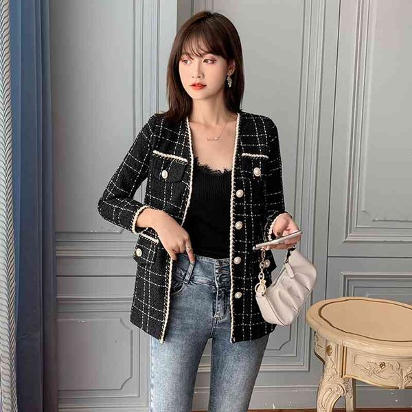 

women's jackets autumn winter fashion runway tweed coat small fragrance long sleeve wool vintage plaid woolen jacket di5x, Black;brown