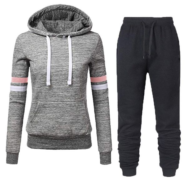 

gym clothing 2021 women's tracksuit loose fit 2 piece set pullover+pants women sport suit spring and autumn solid pink/black/gray sport, White;black