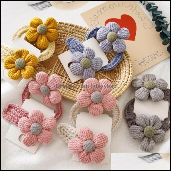 Elastici Gioielli Gioielli 2 pezzi Forcine floreali per ragazze Cravatte Set Lana per bambini Clip Bb Scrunchies Bambini Aessories Barrettes Corda per capelli Goccia