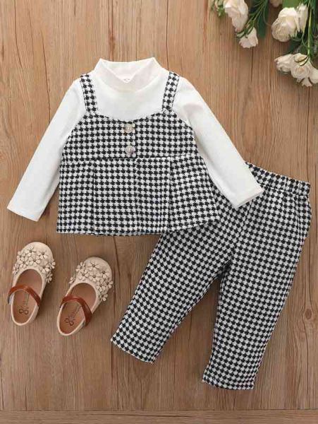 

baby houndstooth mock neck 2 in 1 & pants she, White