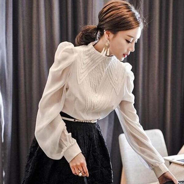 

stand collar puff sleeve womens blouses elegant plus size office chiffon lantern fashion blusa camisa, White