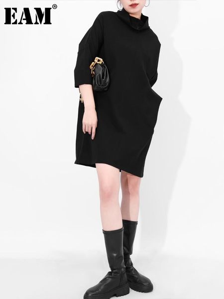 

casual dresses [eam] women brief big size black dress turtleneck three-quarter sleeve loose fit fashion tide spring autumn 2021 jl23001, Black;gray
