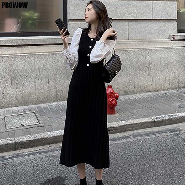 

2021one-piece woman pleated dress korean long sleeve knitted sweater dresses 2021 women spring autumn women sweater knitt dress lady, Black;gray