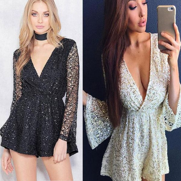 

women's jumpsuits & rompers hollow out european full lace female jumpsuit deep v-neck fashion sequins women jumpers, Black;white