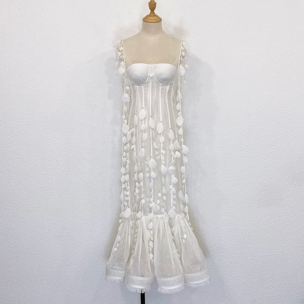 

white petal hand stitched fishtail suspender dress, White;black