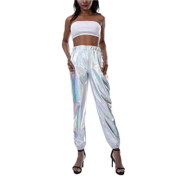 

women's pants & capris women high waist metallic shiny jogger casual holographic color streetwear plus size trousers womens, Black;white