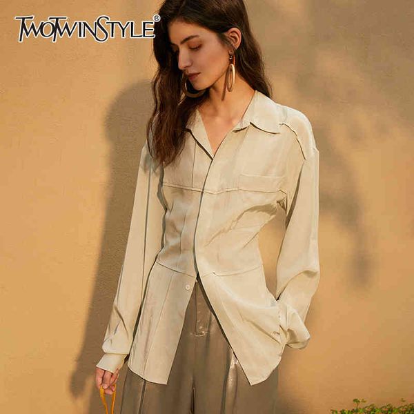 

casual solid shirt for women lapel long sleeve tunic minimalist blouse female fashion clothing autumn 210524, White