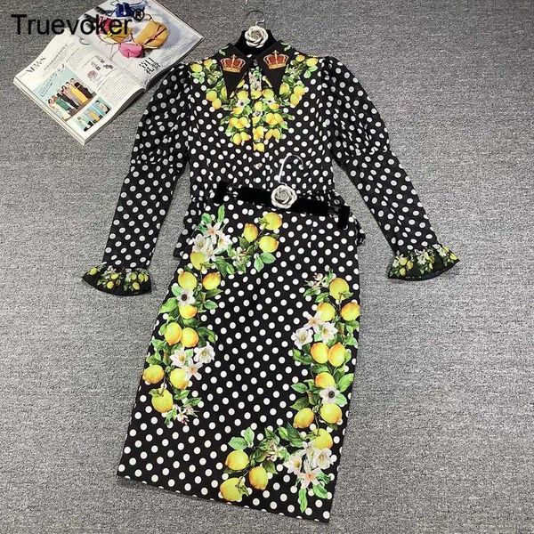 

truevoker autumn runway fashion women's fruit dot print blouses with knee length skirt two pieces sets suits 210602, White