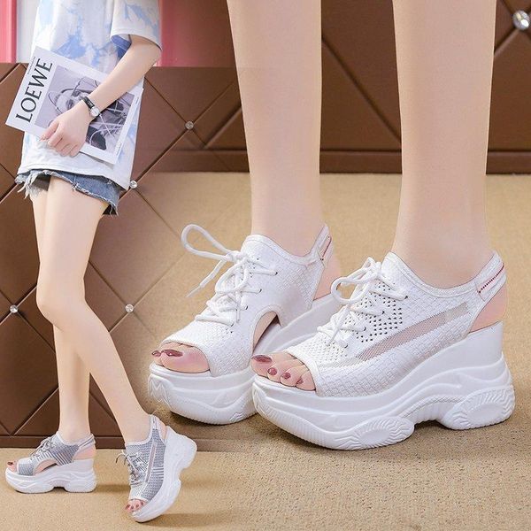 

sandals platform wedge women shoes breathable height increase summer open toe cross tied white gray, Black