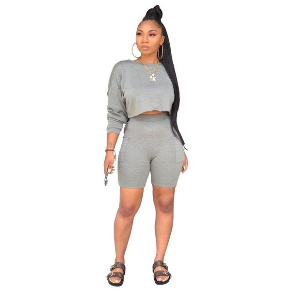 

women's tracksuits women two pieces sets full sleeve crop shorts suit sporty fitness night club 2 pcs outfit, Gray