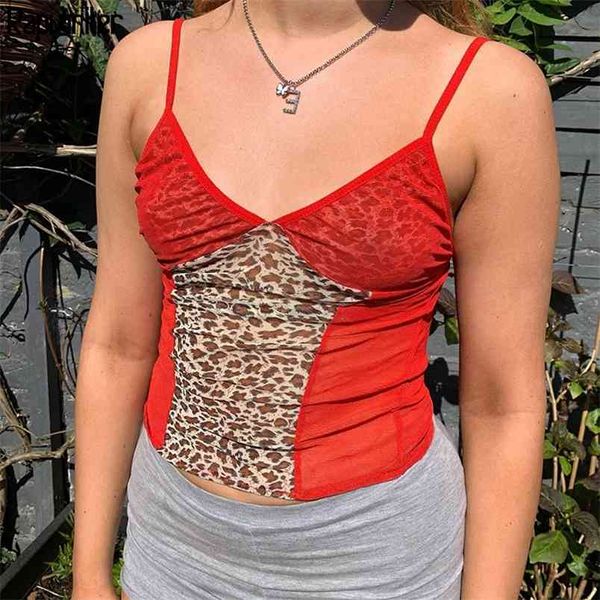 Streetwear verão vintage leopardo impressão retalhos sexy vermelho cami cambra mulheres mangas v neck feminino colheita 210510