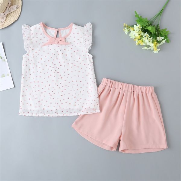 Летние дети наборы повседневная милая волна без рукавов точки лук топы розовые короткие брюки девочка одежда 210629