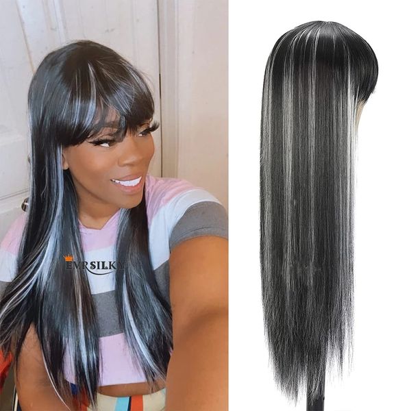 

180% density straight human hair wig with bangs full machine made fringe wig remy brazilian grey highlight wigs humans hairs, Black