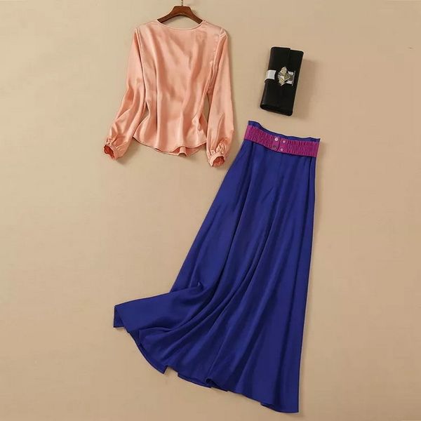 

skirt spring summer runway suits women v-neck sleeve orange blouse+high waist long blue maxi skirt set casual, White