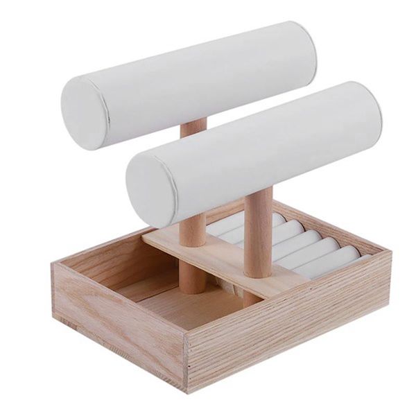 

jewelry pouches, bags 2 layer t-bar bracelet watch stand display, tray rack organizer with wood, Pink;blue