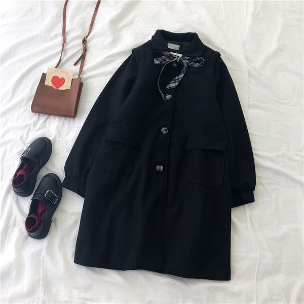 

women's wool & blends black woolen coat women blended jacket winter thicken warm outerwear ladies mid-long elegant windbreaker a1522