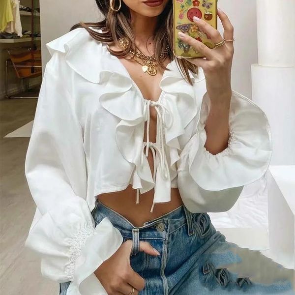 

women's blouses & shirts foridol ruffle v neck lace up white blouse shirt long sleeve summer spring beach 2021 crop