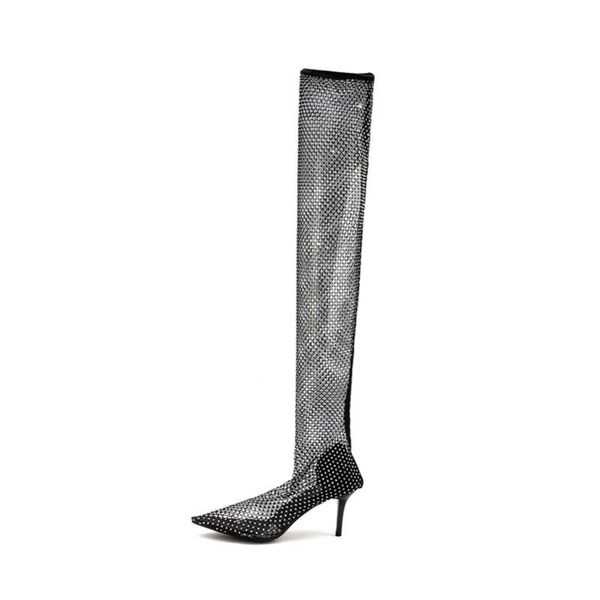 

boots annymoliwomen shoes crystal cutouts high heel over the knee pointed toe thin heels transparent lady long summer, Black