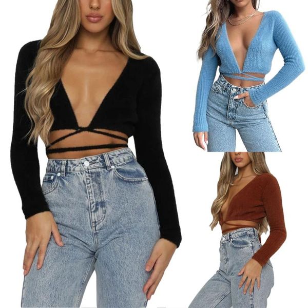 

women's tanks & camis women fuzzy knit crop deep v neck clubwear long sleeve cross tie up t-shirt 2021 y2k fashion european outfit, White