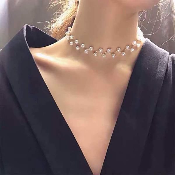 

chokers trendy elegance statement necklace charm simulated pearl beads choker for women kolye collier femme, Golden;silver