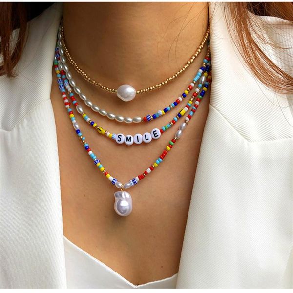 

chains multilayer european style pearl necklace bohemian smile alphabet beads chain for women alien pendant jewelry, Silver