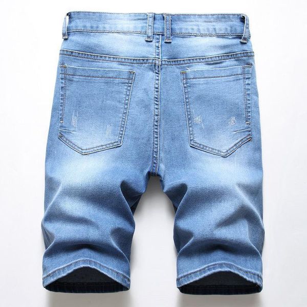 

men's summer painted ripped stretch denim shorts casual holes distressed knee length jeans, Blue