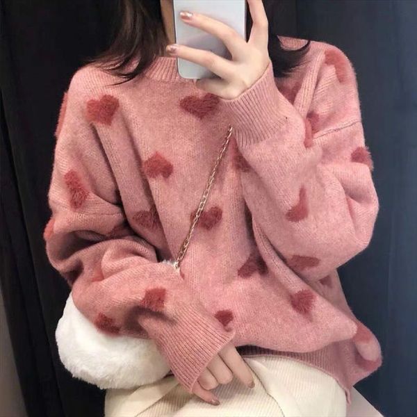 

o neck loose pullover women sweater heart pattern warm long sleeve sueter imitation water velet print winter clothes pink, White;black
