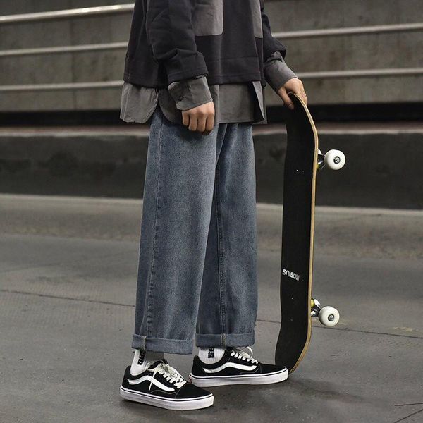 

men's jeans jeans wide, smooth, skateboard, hip hop, streetwear, waist, male, korean fashion mnep, Blue