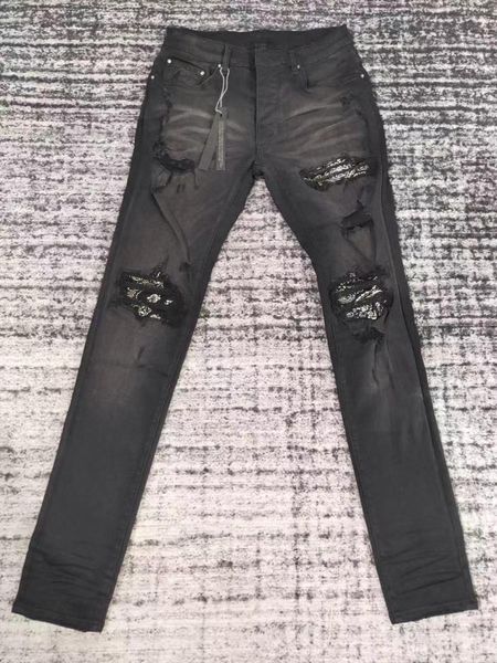 

men's jeans men bandana ribbed patch skinny distressed black, Blue