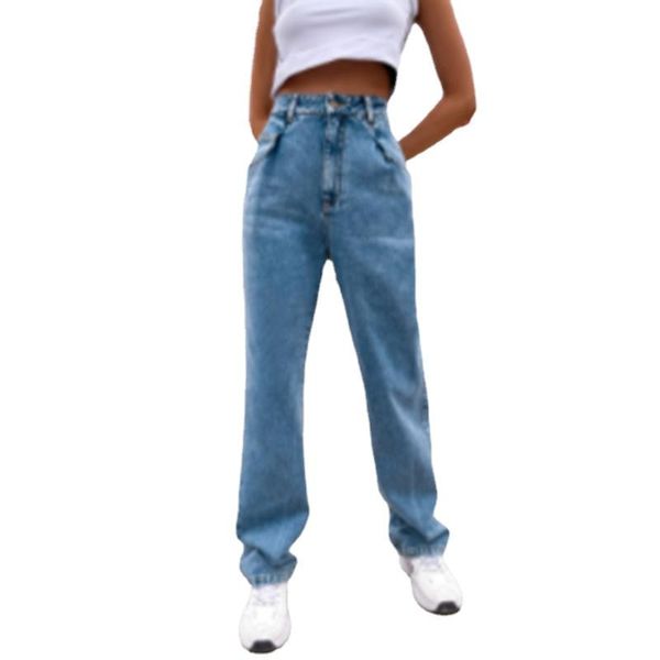 

women's jeans wide-leg drape mopping pants high-waisted loose straight trousers pocket zipper button cotton soft skin-friendly, Blue
