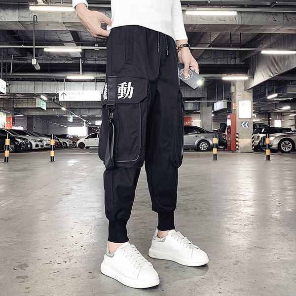 

men's pants multi-pocket harem men streetwear ribbons punk cargo pant hip hop casual trousers joggers hombre h3yn wt80, Black