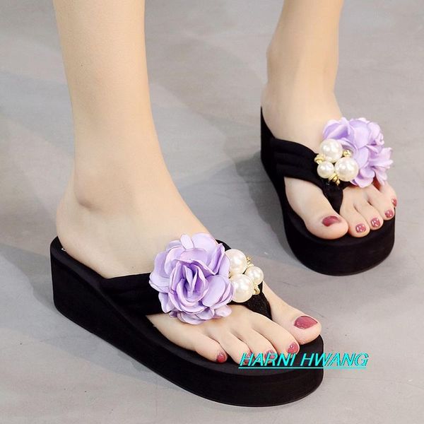 

slippers summer ladies fashion flower pattern slippers, lightweight and comfortable flip-flop rubber material, wedge heel women's sanda, Black