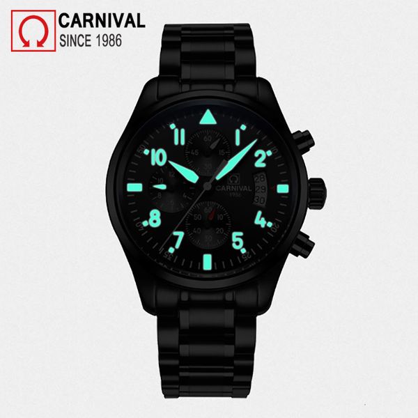

carnival sports pilot automatic watches men mechanical lightning-turning water-tight military clock multifunctional montre homme, Slivery;brown