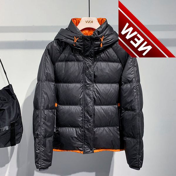 

men 2021 winter fashion short casual hooded coats male slim thicken warm overcoats gloosy white duck down jackets w338, Black