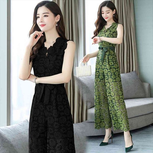 

summer lace sleeveless trousers women jumpsuits elegant casual fashion v neck wide leg pants ladies, Black;white