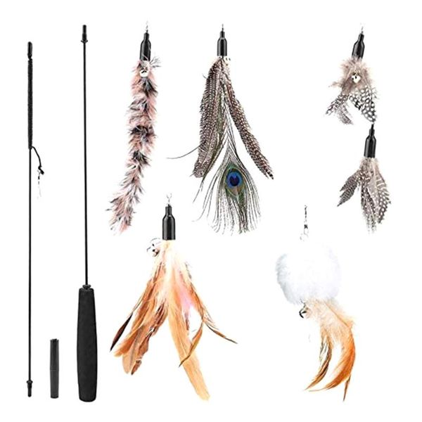 

cat toys 6pcs set feather wand stick wire teaser kitten dangle bell interactive funny play for