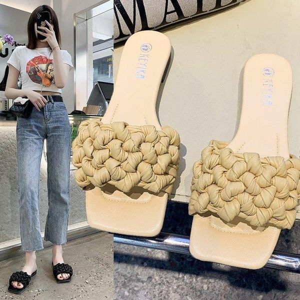

slippers fairy air cool for women to wear 2021 summer korean version of versatile web celebrity woven beach slipper, Black