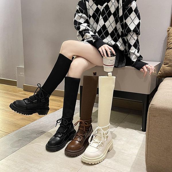 

boots lace up med heel sock shoes boots-women round toe stockings 2021 rock white over-the-knee leather rubber autumn ladies sol, Black