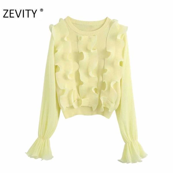 Zeveity Woman Fashion o шея оборками аппликации вязание вязание повседневный стройный свитер женское бабочка со свитерами шикарные новинки S363 210603