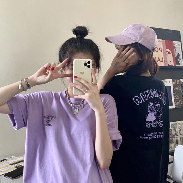 

women's t-shirt 3 sizes cartoon character letter printed loose casual all match short sleeve o-neck basic simple women t-shirts, White